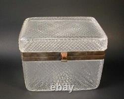 LARGE Antique French Diamond Cross Cut Crystal Glass Casket Hinged Jewelry Box