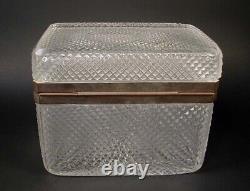LARGE Antique French Diamond Cross Cut Crystal Glass Casket Hinged Jewelry Box
