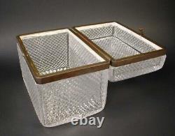 LARGE Antique French Diamond Cross Cut Crystal Glass Casket Hinged Jewelry Box