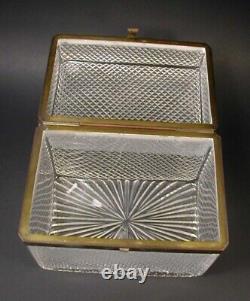 LARGE Antique French Diamond Cross Cut Crystal Glass Casket Hinged Jewelry Box