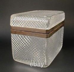 LARGE Antique French Diamond Cross Cut Crystal Glass Casket Hinged Jewelry Box