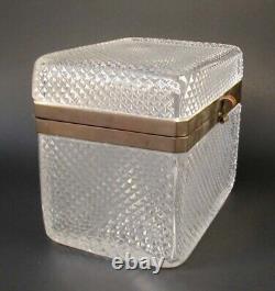 LARGE Antique French Diamond Cross Cut Crystal Glass Casket Hinged Jewelry Box