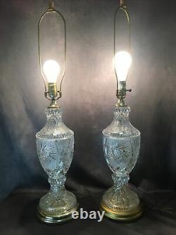 LARGE Pair Cut Crystal Glass Table Lamps with Brass Finals heavy Work Great