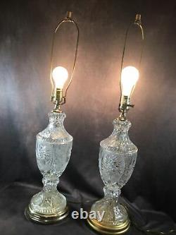 LARGE Pair Cut Crystal Glass Table Lamps with Brass Finals heavy Work Great