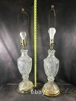 LARGE Pair Cut Crystal Glass Table Lamps with Brass Finals heavy Work Great