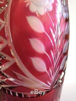 LAUSITZER Hand Cut Crystal Vase CRANBERRY Bohemian EAST GERMANY Sawtooth ROSES