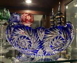 LG RARE ATQ GERMAN IMPERLUX COBALT BLUE CUT to CLEAR CRADLE STYLE CRYSTAL BOWL