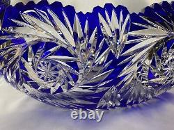 LG RARE ATQ GERMAN IMPERLUX COBALT BLUE CUT to CLEAR CRADLE STYLE CRYSTAL BOWL