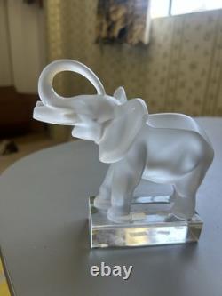 Lalique France Cut Crystal Glass Elephant On Base Sculpture