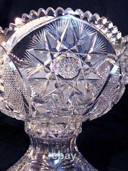 Large 14 BRILLIANT ABP Cut Glass Crystal Punch Bowl Pedestal Circles Hobstars