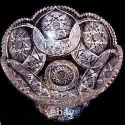 Large 14 BRILLIANT ABP Cut Glass Crystal Punch Bowl Pedestal Circles Hobstars