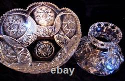 Large 14 BRILLIANT ABP Cut Glass Crystal Punch Bowl Pedestal Circles Hobstars