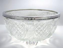 Large 9 Pineapple Cut Crystal Glass Fruit Salad Bowl Sterling Silver Rim Mount