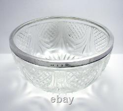 Large 9 Pineapple Cut Crystal Glass Fruit Salad Bowl Sterling Silver Rim Mount