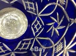 Large Bohemian Blue Cut To Clear Crystal Pedestal Bowl Sawtooth Rim 9.5 Perfect