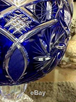 Large Bohemian Blue Cut To Clear Crystal Pedestal Bowl Sawtooth Rim 9.5 Perfect