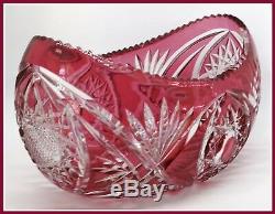 Large CRANBERRY PINK Jardinière Bowl Boat CUT TO CLEAR CRYSTAL Bavaria GERMANY