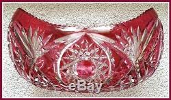 Large CRANBERRY PINK Jardinière Bowl Boat CUT TO CLEAR CRYSTAL Bavaria GERMANY