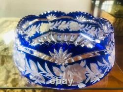 Large Cobalt Blue Cut to Clear Czech Bohemian Lead Crystal Saw Tooth Bowl