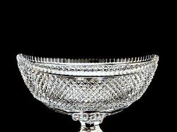 Large Cut Glass Crystal Footed Pedestal Oval Boat Bowl Vintage