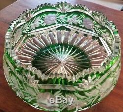 Large Cut to Clear Green Crystal Glass Bowl VTG Saw Tooth Edge Rose Flower 5lbs