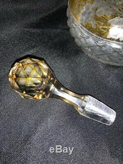 Large Czech Bohemian Crystal Glass Decanter Amber Cut to Clear withGrapes & Vines