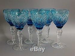Large Heavy Cut To Clear Crystal Turquoise Blue Wine Glasses Set Of 6