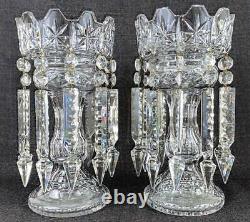 Large Pair Antique Victorian Cut Glass Clear Crystal Mantle Lusters Candleholder