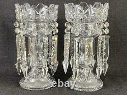 Large Pair Antique Victorian Cut Glass Clear Crystal Mantle Lusters Candleholder