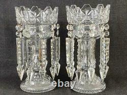 Large Pair Antique Victorian Cut Glass Clear Crystal Mantle Lusters Candleholder