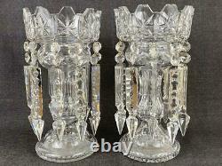 Large Pair Antique Victorian Cut Glass Clear Crystal Mantle Lusters Candleholder