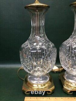 Large Pair of Waterford Cut Crystal Glass Table Lamps with Crescent Brass Bases
