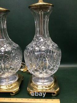 Large Pair of Waterford Cut Crystal Glass Table Lamps with Crescent Brass Bases