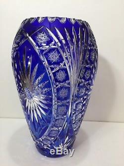 Large Western Germany Genuine Lead Crystal Hand Cut Vase Cobalt, 14 Tall x 8 W