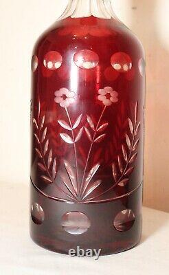 Large antique red cut to clear Czech Bohemian crystal glass decanter bottle