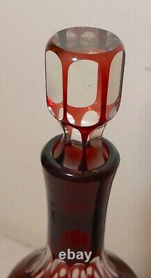 Large antique red cut to clear Czech Bohemian crystal glass decanter bottle