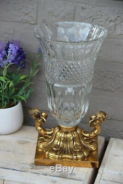 Large heavy Crystal glass clear cut Vase bronze putti angels base