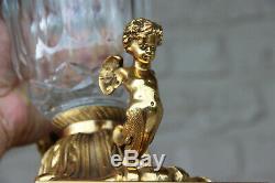 Large heavy Crystal glass clear cut Vase bronze putti angels base