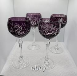 Lausitzer 4 Amethyst Crystal Hock Wine Glasses Cut to Clear Grapes 7.5 Purple
