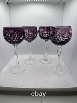 Lausitzer 4 Amethyst Crystal Hock Wine Glasses Cut to Clear Grapes 7.5 Purple