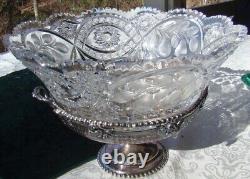 Libbey Cut Glass Bowl CENTERPIECE Porter Brittainia Silverplate Ram Head Frame