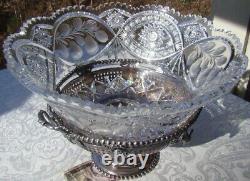 Libbey Cut Glass Bowl CENTERPIECE Porter Brittainia Silverplate Ram Head Frame