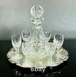 Lismore by Waterford RolyPoly Decanter 6 Cut Glass Cordials & Slvrplate Tray