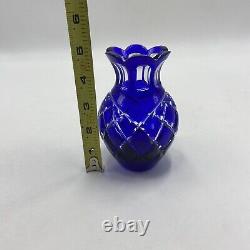 Lot of 4 Cobalt Blue Cut to Clear Crystal Glass Rose Bowl Vase Pitcher