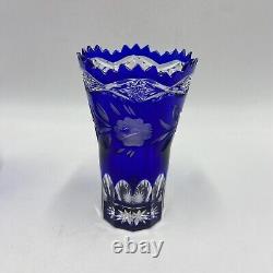 Lot of 4 Cobalt Blue Cut to Clear Crystal Glass Rose Bowl Vase Pitcher