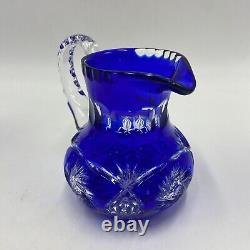 Lot of 4 Cobalt Blue Cut to Clear Crystal Glass Rose Bowl Vase Pitcher