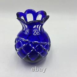 Lot of 4 Cobalt Blue Cut to Clear Crystal Glass Rose Bowl Vase Pitcher