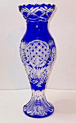 Lovely Cobalt Blue Crystal Cut To Clear Glass Vase, 13.5 Tall, Original Label