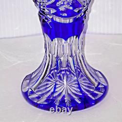 Lovely Cobalt Blue Crystal Cut To Clear Glass Vase, 13.5 Tall, Original Label