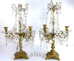 M074 Pair Antique French Brass And Cut Crystal Glass Hanging Candelabra